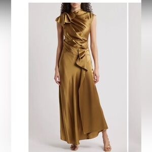 Acler Ramshaw Metallic Pleated Satin Gown in golden moss gold color
